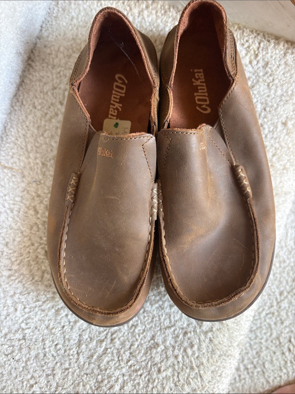 OluKai Boy’s Brown Leather Slip-On Loafers